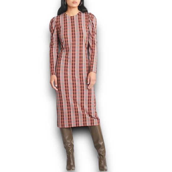 Tanya Taylor Burgundy Plaid Puff Sleeve Midi Dress Womens L Holiday Preppy - Picture 12 of 13